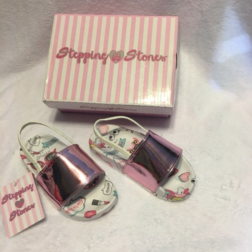 Stepping Stones Slide Sandals Baby Girls Small Pink NIB Metallic Unicorn Graphic - Picture 2 of 3
